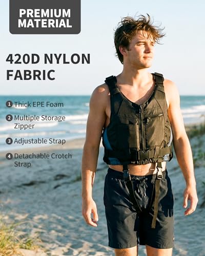 Adult Swim Vest with Crotch Straps & Dual Pockets - Black, M/L