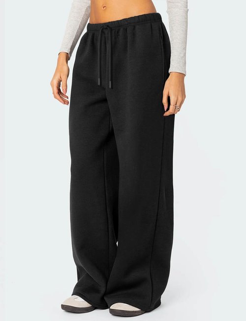 HeSaYep Women's Wide Leg Sweatpants Baggy Fleece Lined High Waisted Sweat Pants Straight Leg Casual Drawstring Pants with Pockets Black M