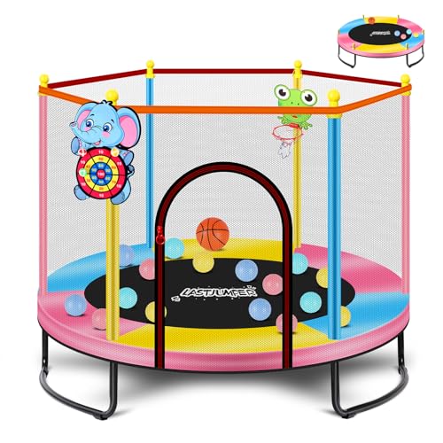 LASTJUMPER Mini Toddler Trampoline 2-10 Years with Safety Enclosure & Basketball, Blue+Yellow+Pink