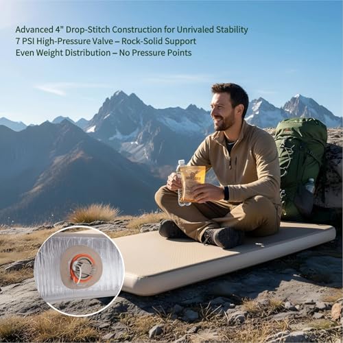 Beige Double Camping Sleeping Pad with Drop Stitch Support - 76 x 51 inches