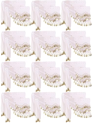 White Belly Dance Hip Scarf with Gold Coins - 24 Pieces Costume Accessories