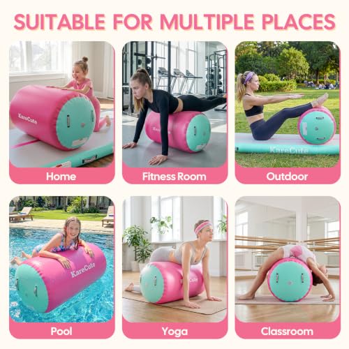 KareCute Mint Green & Pink Inflatable Gymnastics Mat 47.2" x 29.5" - Air Tumbling Track & Barrel Roller for Kids & Training