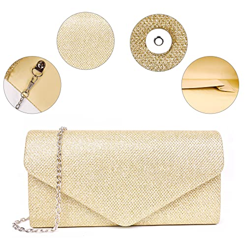 Larcenciel Sparkly Sequin Envelope Clutch Bag with Chain - Gold, 20x5x10cm