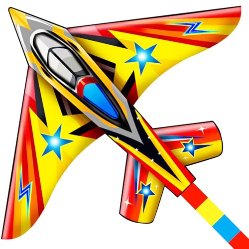 Yellow Fighter Plane Kite for Kids & Adults - Easy to Fly with Reel & 200ft String