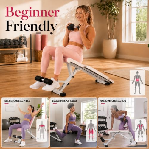PIN JIAN Pink Adjustable Foldable Workout Bench - L, Full Body Gym Equipment