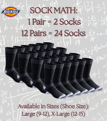 Dickies Men's Dri-Tech Moisture Control Crew Socks - Black, Large, 12 Pairs