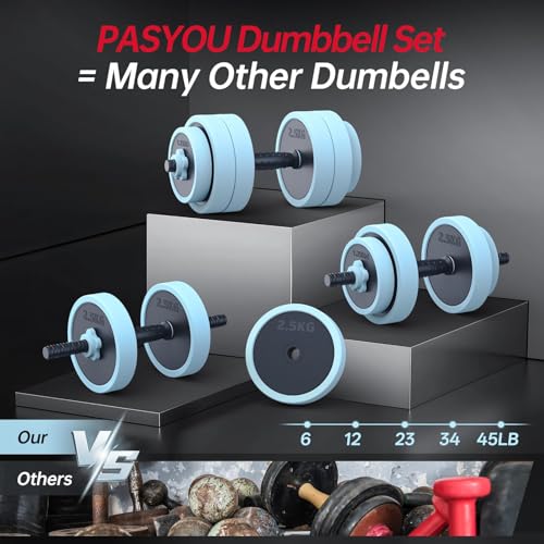 Blue PASYOU 5-in-1 Adjustable Dumbbell Set 45lbs for Home Gym, Kettlebell, Barbell & Push-Up Handles