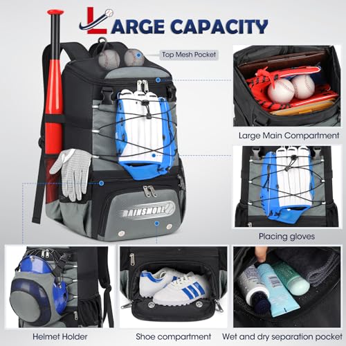 RAINSMORE Baseball Backpack for Youth & Adult with Shoe Compartment - Grey