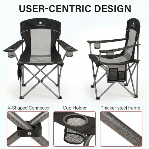 CAMPHILL Black 2-Pack Oversized Mesh Back Camping Chairs with Cup Holder & Side Pocket