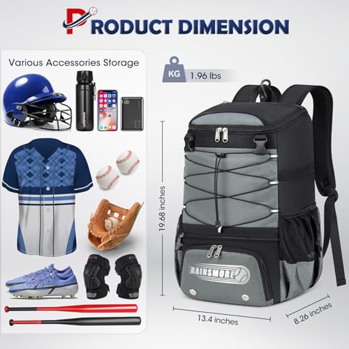 RAINSMORE Baseball Backpack for Youth & Adult with Shoe Compartment - Grey