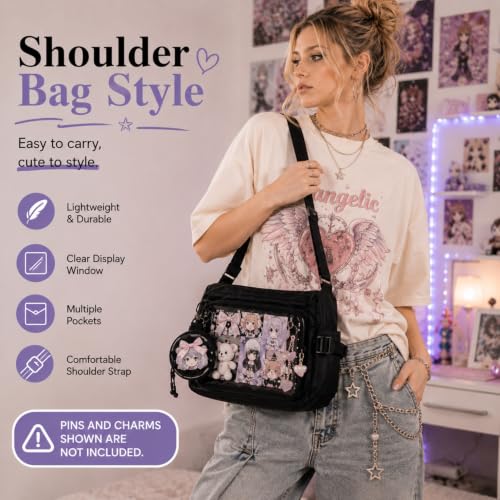 Inshere Ita Bag Crossbody Messenger Bag with Clear Coin Bag, Pins & Plush Charm - Black M