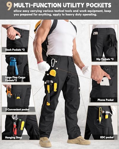 Men's Stretch Tactical Cargo Work Pants - 9-Pocket Ripstop, Black, 36W x 32L