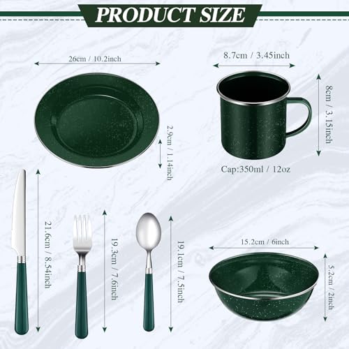 Nuogo 48-Piece Green Camping Enamel Dinnerware Set for 8 with Bowls Plates Cups Utensils