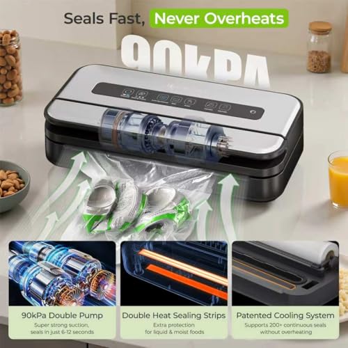 Food Vacuum Sealer Machine 90Kpa with Liquid & Moist Modes, Includes Bags & Roll