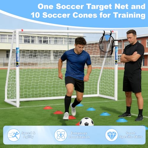 Hokicyos 8x6 Ft Portable Weatherproof Soccer Goal with Target Net, 10 Cones & Carry Bag