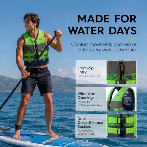 Men's Green Life Jacket for Waterskiing & Boating - Large, USCG Approved
