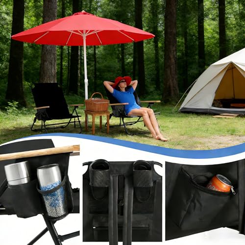 Night Black Portable Camping Chair with 5-Position Recline & Wooden Armrests