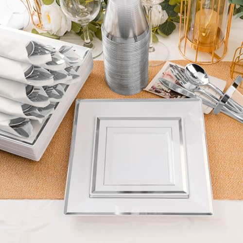 Goodluck 352-Piece Silver Square Plastic Dinnerware Set for 50 Guests - Elegant Party Plates & Tableware