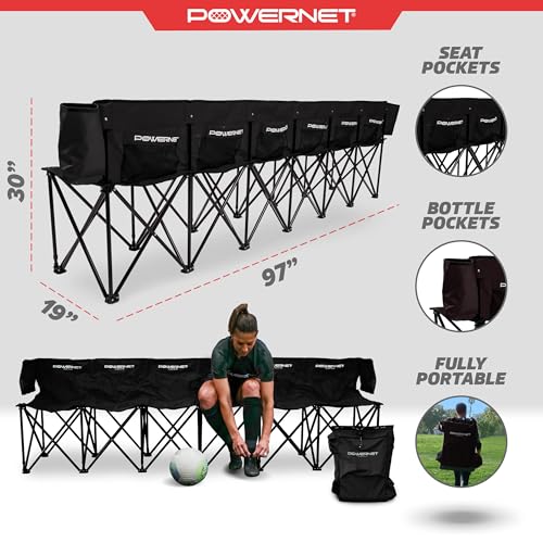 PowerNet 6-Seater Team Bench Black with Backpack Carry Bag - Portable Sports Seating for Soccer Football Basketball Practice & Games
