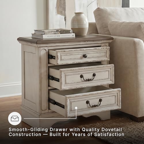 Chipped White 3-Drawer Nightstand with Charging Station - Cottage Chic