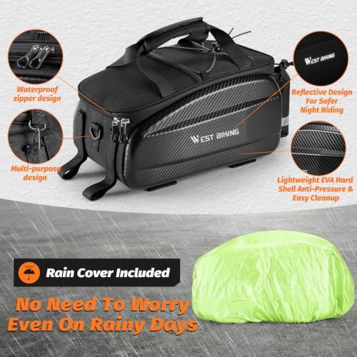 West Biking Waterproof Hard Shell Bike Rear Rack Bag 11L with Rain Cover - Black-2