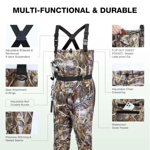 Lekesky Fly Fishing Chest Waders with Boots - Camo M11, Waterproof, 2-Ply Nylon/PVC