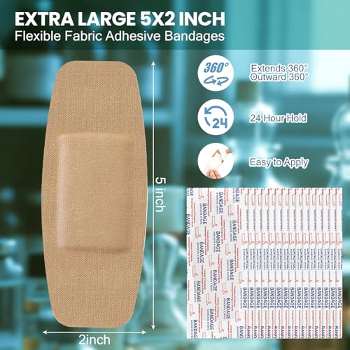 60 Pack Extra Large Adhesive Bandages 5 x 2 Inches - Soft, Breathable First Aid