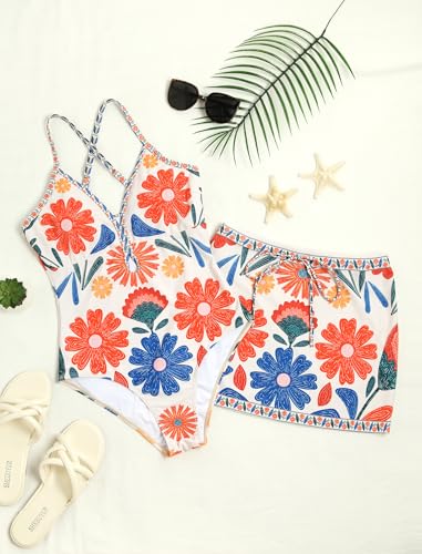 Women's One Piece Swimsuit with Skirt - V Neck Colorblock Bathing Suit