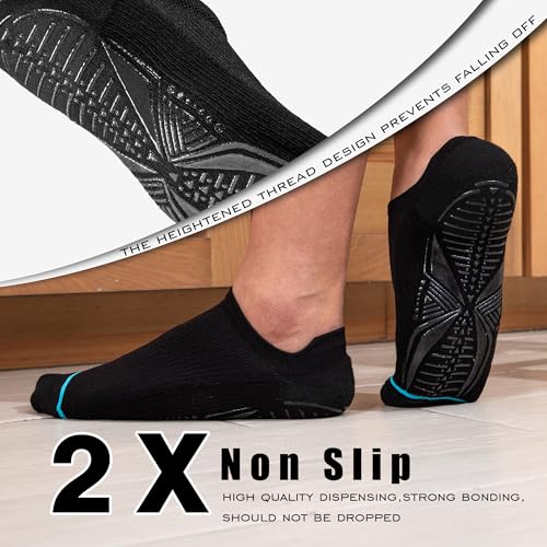 BRISIRA Bamboo Viscose Non Slip Pilates Socks Men Women No Show Grip Compression Thick Cushion - 3 Pairs, Black, Large