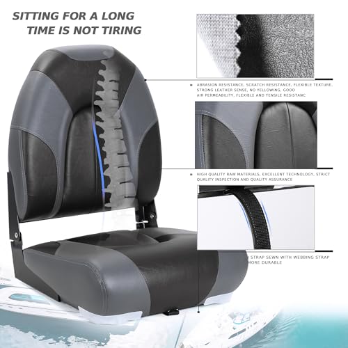 Marine Folding Boat Seats 2 Pack - Charcoal/Black, High Back, Waterproof, Includes Mounting Screws