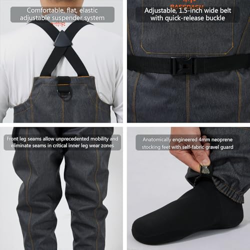 Men's Breathable Waterproof Denim Waders - Large, Stocking Foot, Black for Fishing & Hunting