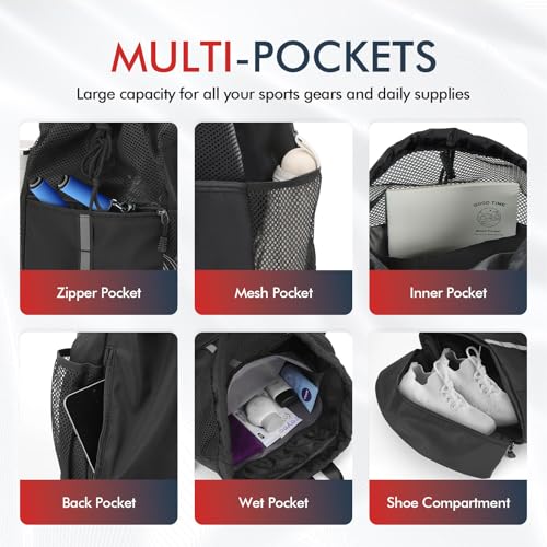 PinCute Drawstring Mesh Gym Backpack with Wet Pocket - Black