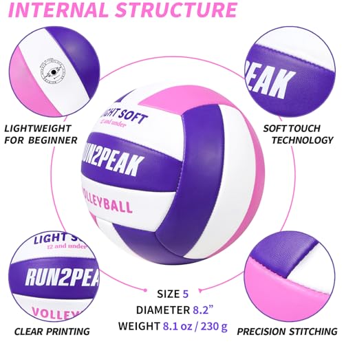 RUN2PEAK Light Soft Volleyball - Kids Youth Teen Indoor Outdoor Training - Purple/Pink/White