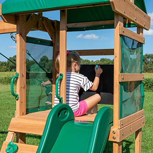 Green Backyard Discovery Buckley Hill Cedar Wood Swing Set with Wave Slide & Play Deck