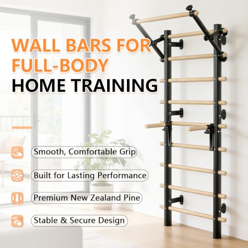 Black Swedish Ladder Stall Bars for Home Gym, 300 LBS Wall Mount with Pull-Up & Dip Station