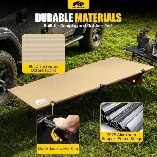 Portable Camping Cot Bed for Adults - Heavy-Duty Support with Inflatable Pillow, Khaki, 1 Pack