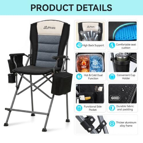 Tall Folding Camping Chair with Cooler Bag, Gel Cushion & Footrest - Heavy Duty Portable Outdoor Seat for Adults