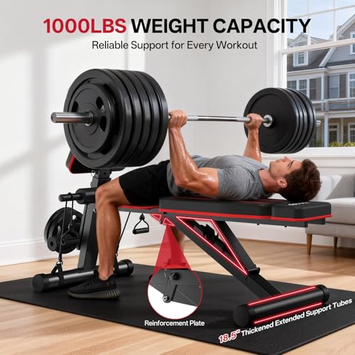 Red JOROTO Adjustable Weight Bench with Leg & Back Extensions, Preacher Curl