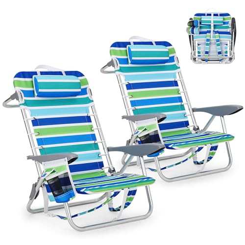 GarveeLife 2 Pack Portable Folding Beach Chairs with Recline & Accessories - Lightweight Support to 350LBS - Standard