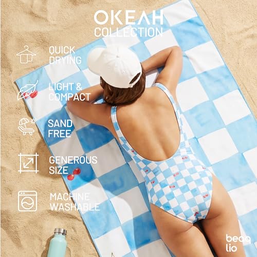 Checkered Beach Towel with Bag 71x36in Microfiber Double-Sided Pool Towel Blue Pink