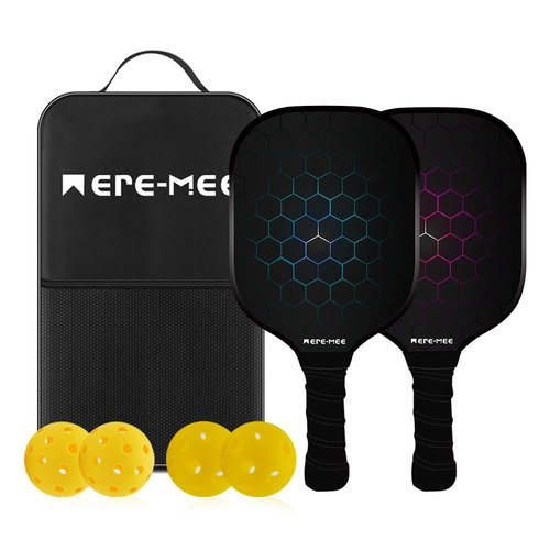 MEREMEE Pickleball Paddles, Fiberglass Surface with Balls and Bag, Lightweight Pickleball Paddles Set of 2 for Men, Women, Kids, Adults(B&R)