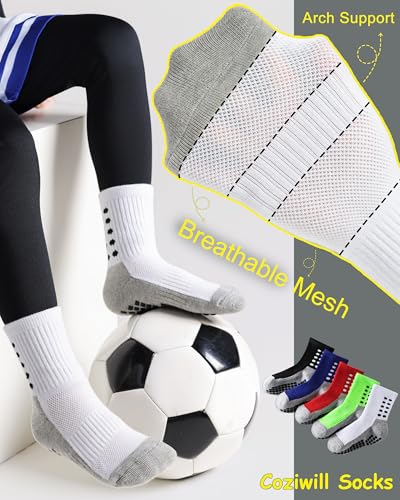 Kids Grip Soccer Socks Boys Girls Non Slip Athletic Crew Socks 10-12 Years - White, 6 Pairs
