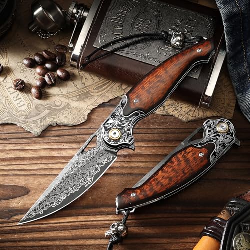 Damascus Steel Folding Pocket Knife with Leather Sheath - Outdoor EDC Tool