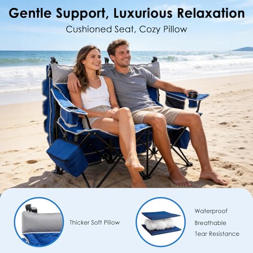 Suteck Double Camping Chair with Canopy - Blue, Foldable 660lbs Outdoor Loveseat with Shade and Coolers