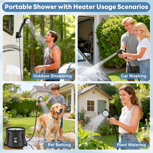 Black Portable Camping Shower with Heater 1500W, 3 Spray Modes & Rechargeable Pump
