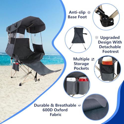 Portable Camping Chair with Canopy & Shade - Heavy Duty Outdoor Lounge Chair - Grey / Casual