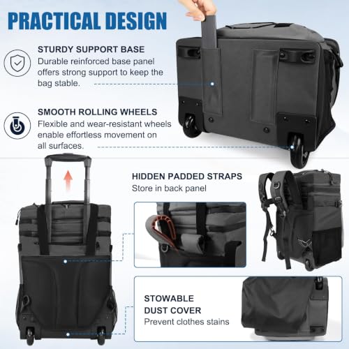 Black Backpack Cooler with Wheels - 50 Can Rolling Cooler with Handle, 2-in-1 Trolley for Beach Camping Travel