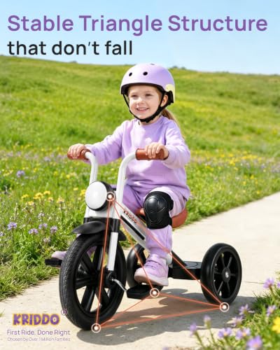 KRIDDO Toddler Tricycle with Front Light - White, 2-5 Years, Safety-Designed Ride-on
