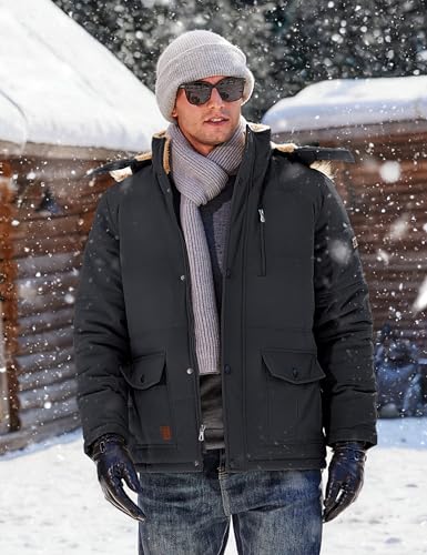 Men's Winter Parka Jacket with Hood - Water-Resistant & Windproof, Medium Black