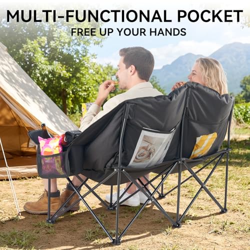 Qucamous Oversized Double Camping Chair Loveseat XL Black & Grey - Heavy Duty, Water-Resistant, 600LBS Capacity